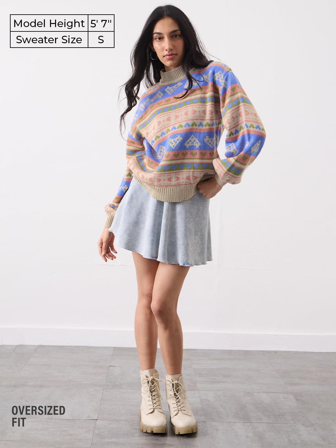 The Souled Store Knitted Sweater: Coral Clay Women and Girls Long Sleeves Mock Neck Geometric Printed Acrylic Oversized Fit Ribbed Hem Casual Winter Pullover Oversized Sweater