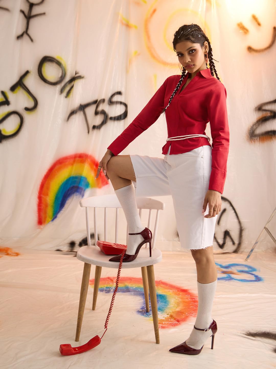 The Souled Store Corset Shirt: Cherry Red Women and Girls Long Sleeves Collared Neck Button Front Fitted Shirts