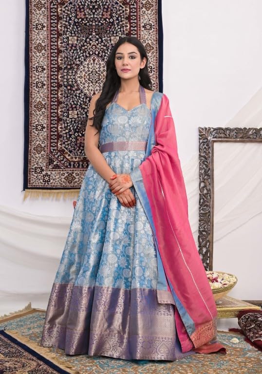 MAHUKAA Women's Kanjeevaram Gown With Dupatta For Festival & Function (Sky Blue & Pink) - Size: Medium