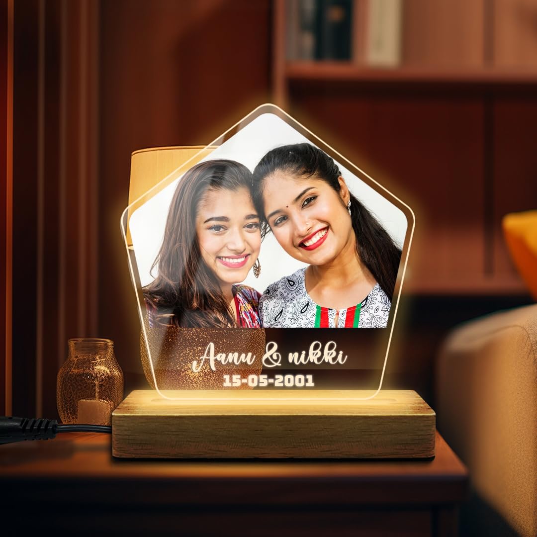 Fashionury Customized LED Photo and Name Table-Top Lamp – Custom Acrylic Night Light with Wooden Stand, Romantic Couple Design, Anniversary & Wedding Gift, Home & Bedroom Decor