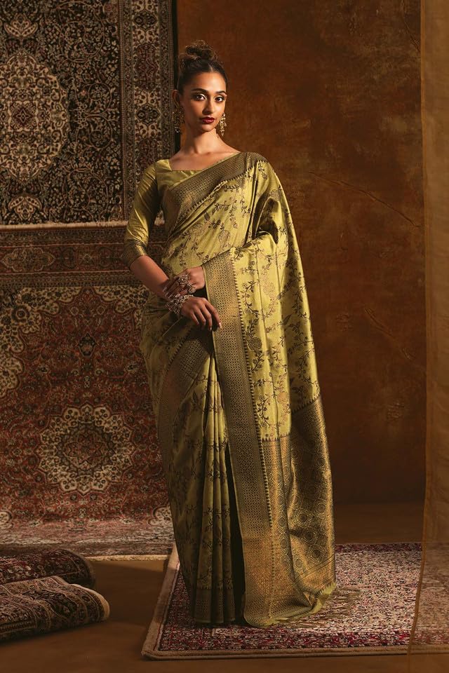 Soch Womens Light Green Tussar Silk Saree With Floral And Foliage Woven Designs