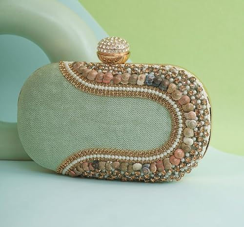 QHAN Elegant Beaded Clutch Purse for Women – Emroidered Bag with Gold Chain, Rhinestone Clasp & Stone Detailing (Cap Pebble Green)