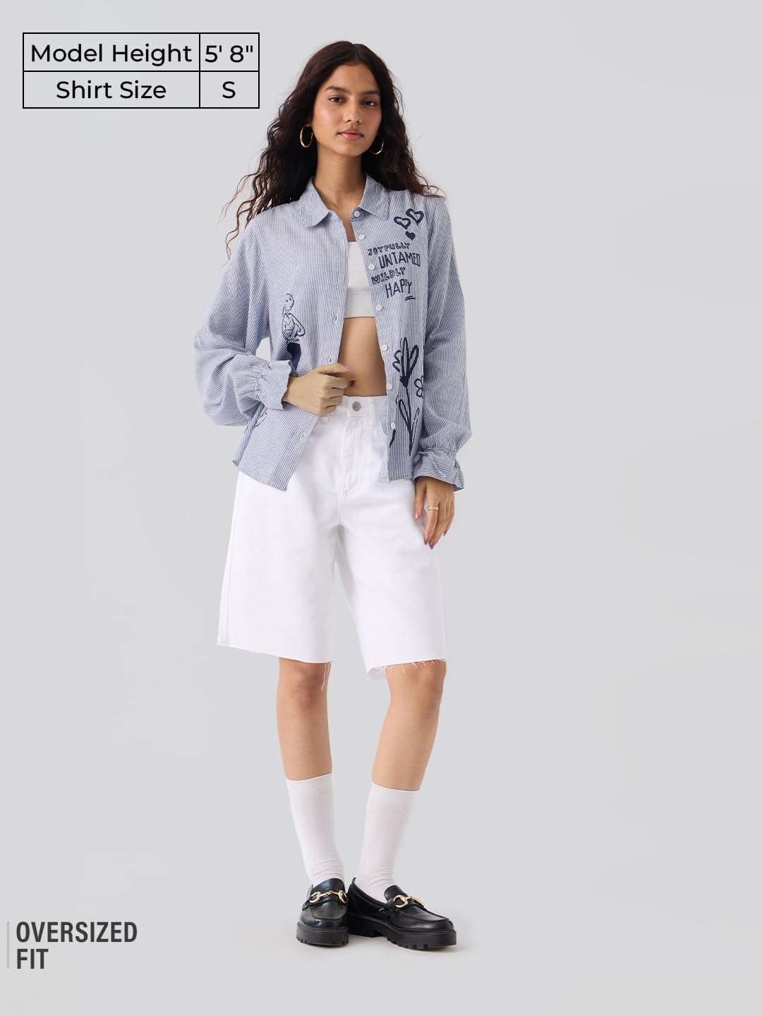 The Souled Store Popeye Collection: Happy Olive Women and Girls Full Sleeves Collared Neck Button Front Blue Printed Cotton Viscose Blend Oversized Fit Boyfriend Shirts