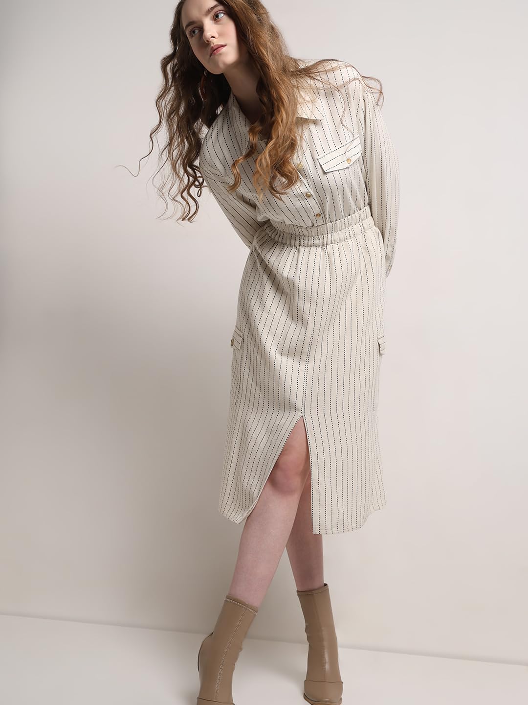 VERO MODA Women Striped Beige Cotton Straight Fit Midi Length High Rise Skirt