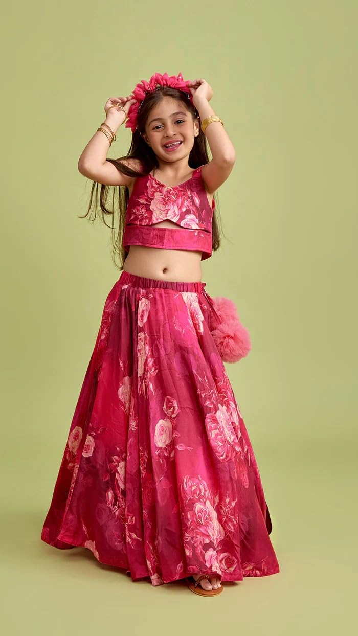 Leons Fab irl's Vibrant Floral Rayon Printed Stylish Crop Top And Lehenga (Pink, 11-12 Years)