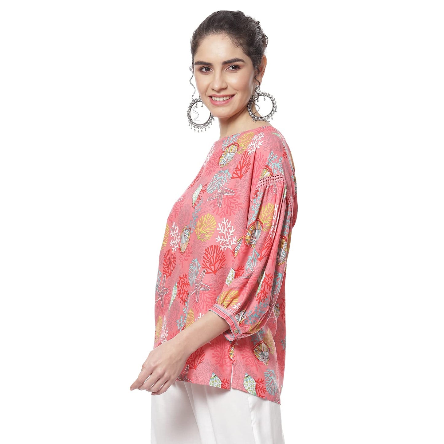 Rangriti Women's Coral Printed Straight Viscose Ethnic Top (RMMEASY BRE18098_M)