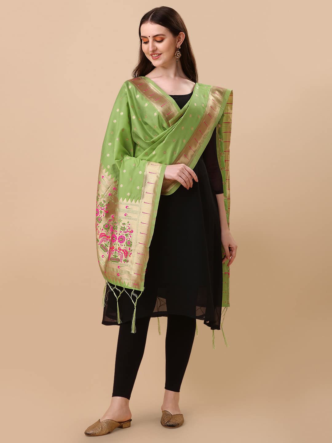 DEVANGI Women's Woven Paithani Banarasi Silk Dupatta/Chunni For Women, Animal Print 1 Meter Wide and 2.3 Meter Length Printed Designer Dupatta/Chunni For Girls (Pista)