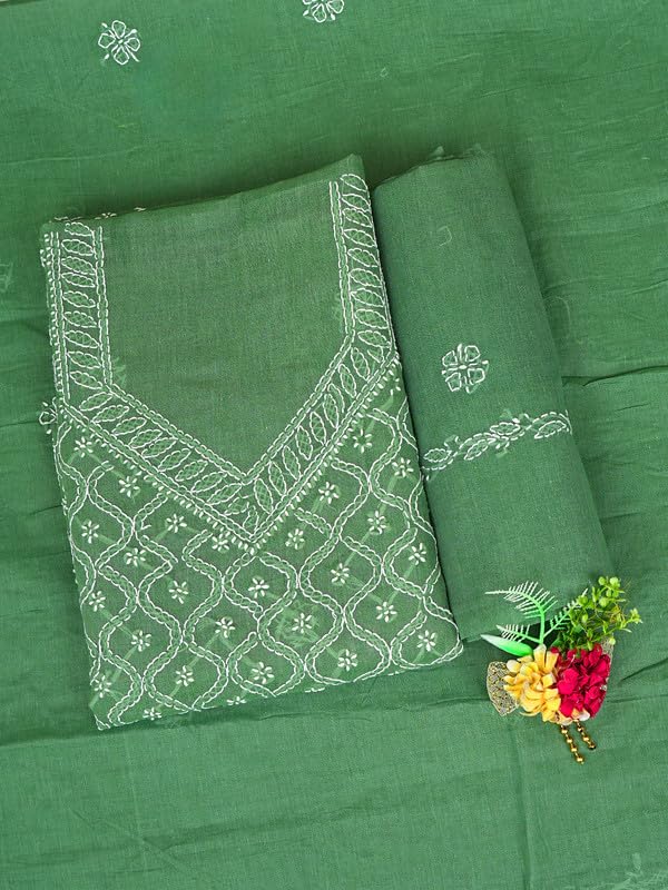 Ada Hand Embroidered Lucknowi Chikankari Unstitched Cotton Dress Material Suit Piece with Dupatta for Women 01A882364 Forest Green