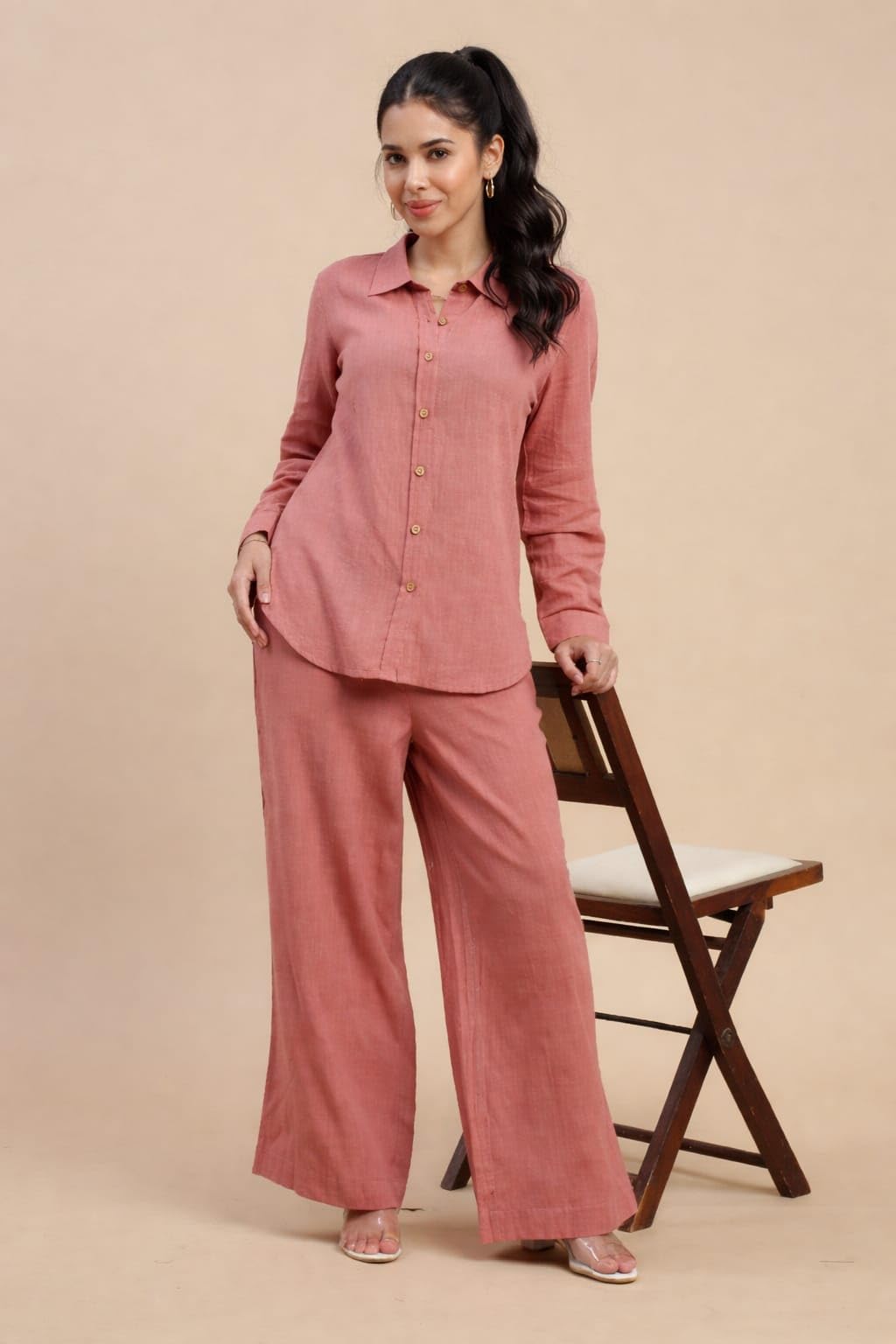 De Moza Women Regular Fit Straight Palazzo - Peach | 100% Cotton Slub | Mid Rise | 2 Pockets | Casual & Office Wear