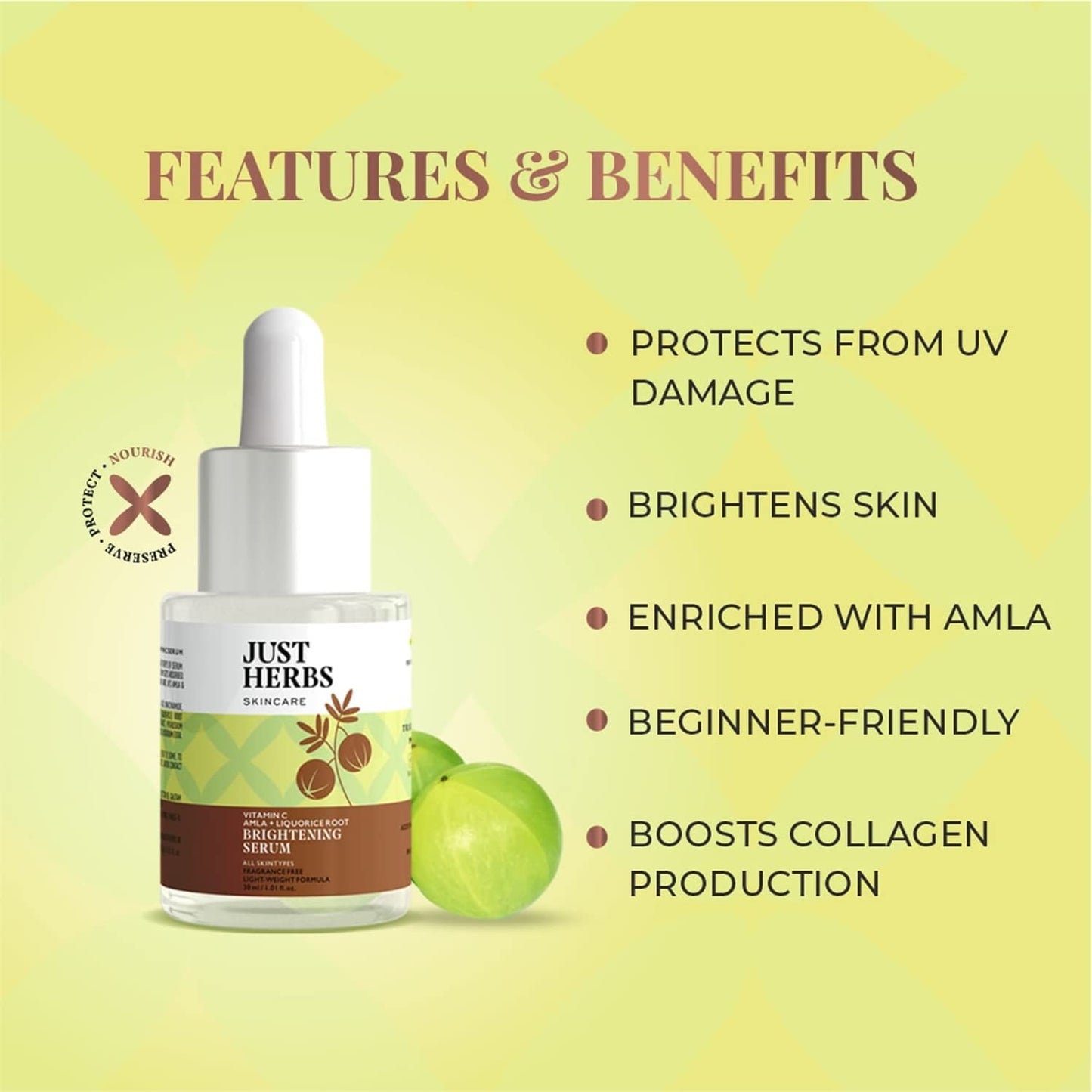 Just herbs Amla Vitamin C Face Serum For Glowing Skin & Brightening,Reduce Dark Spots - Suitable for All Skin Types Men & Women - 30ml
