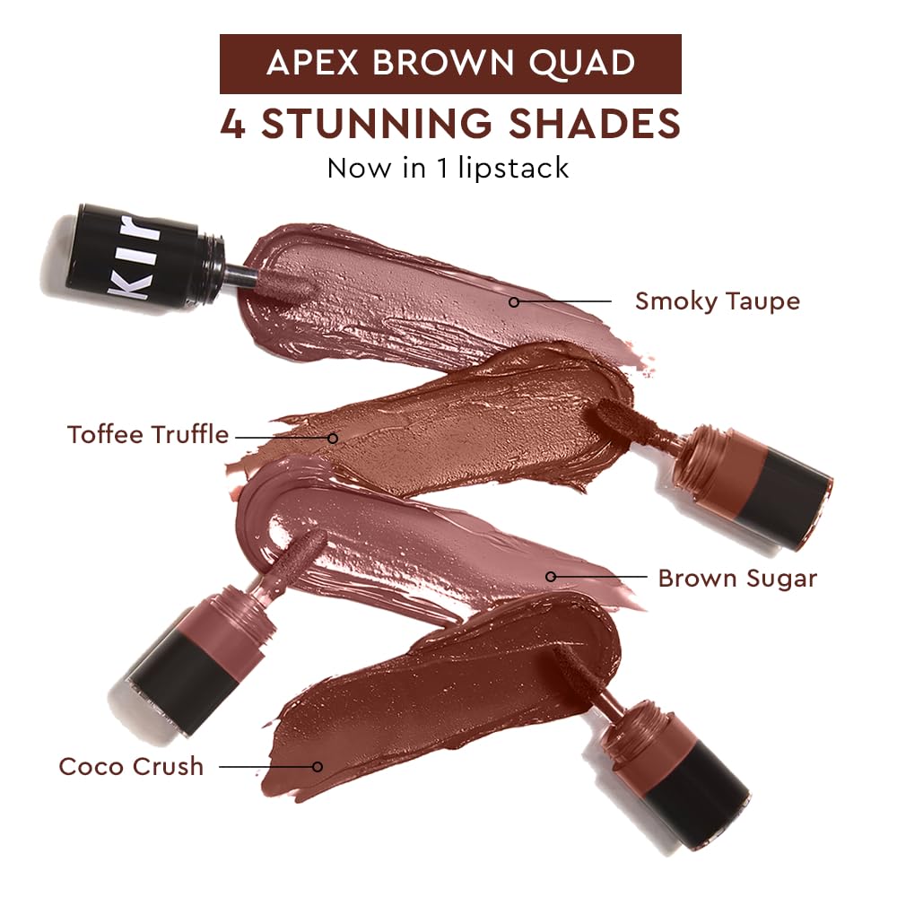 Kiro Four Play Non-Stop Airy Matte Liquid Lip Stack – Apex Brown, 6ml | 4 Brown Lipstick Shades | Long-lasting, Transfer-proof, Hydrating, Lightweight | Infused with Avocado & Apricot Oils