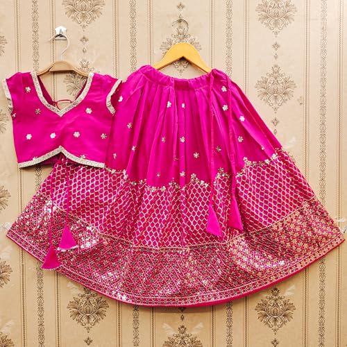 Helene Girls Taffeta Silk Embroidered Lehenga Choli South Indian Traditional Dress Kids Ethnic Wear Full Stitched Lehenga Choli Set (Pink, 7-8 Years)