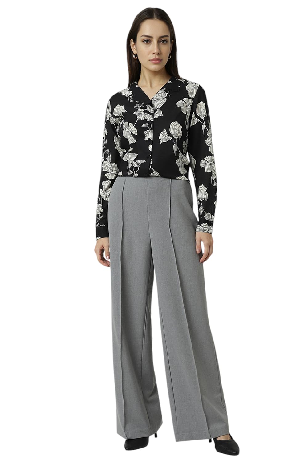 Women Black Print Long Sleeves Formal Shirt