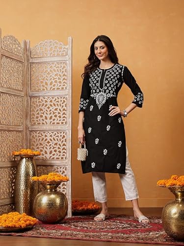 Ada Hand Embroidered Lucknowi Chikankari Cotton Kurta Kurti for Women A411750 Black (XL)