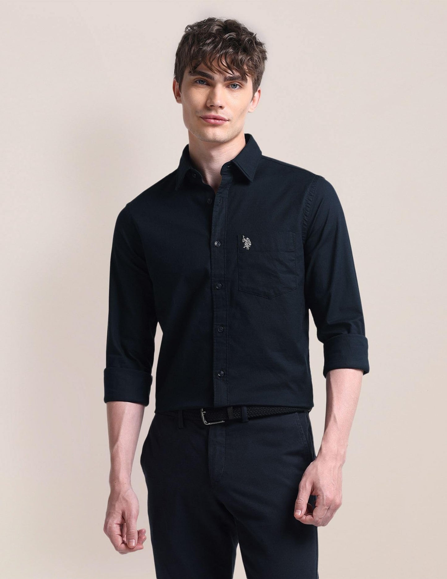 U.S. POLO ASSN. Men's Solid Cotton Dobby Tailored Fit Shirt (USSHTO2709A_Navy_M)