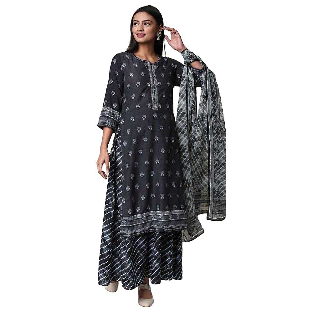 BIBA WOMEN PRINTED RELAXED SALWAR KURTA DUPATTA(SKD7267_BLACK_36)