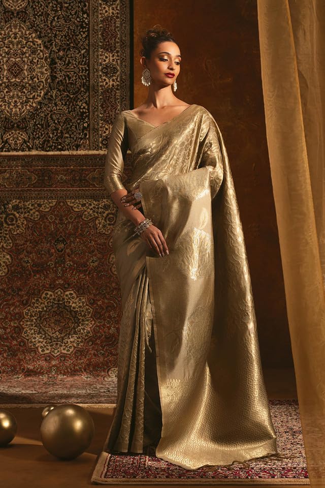 Soch Womens Beige Tussar Silk Saree With Zari Woven Floral And Foliage Designs