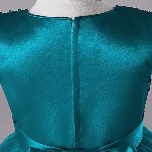 KIYOL Girls Dress with Sequin Bodice & Satin Bow | Round Neck Layered Tulle Frock for Birthday, Wedding & Special Occasions (Kingfisher-Blue-6-7 Y)
