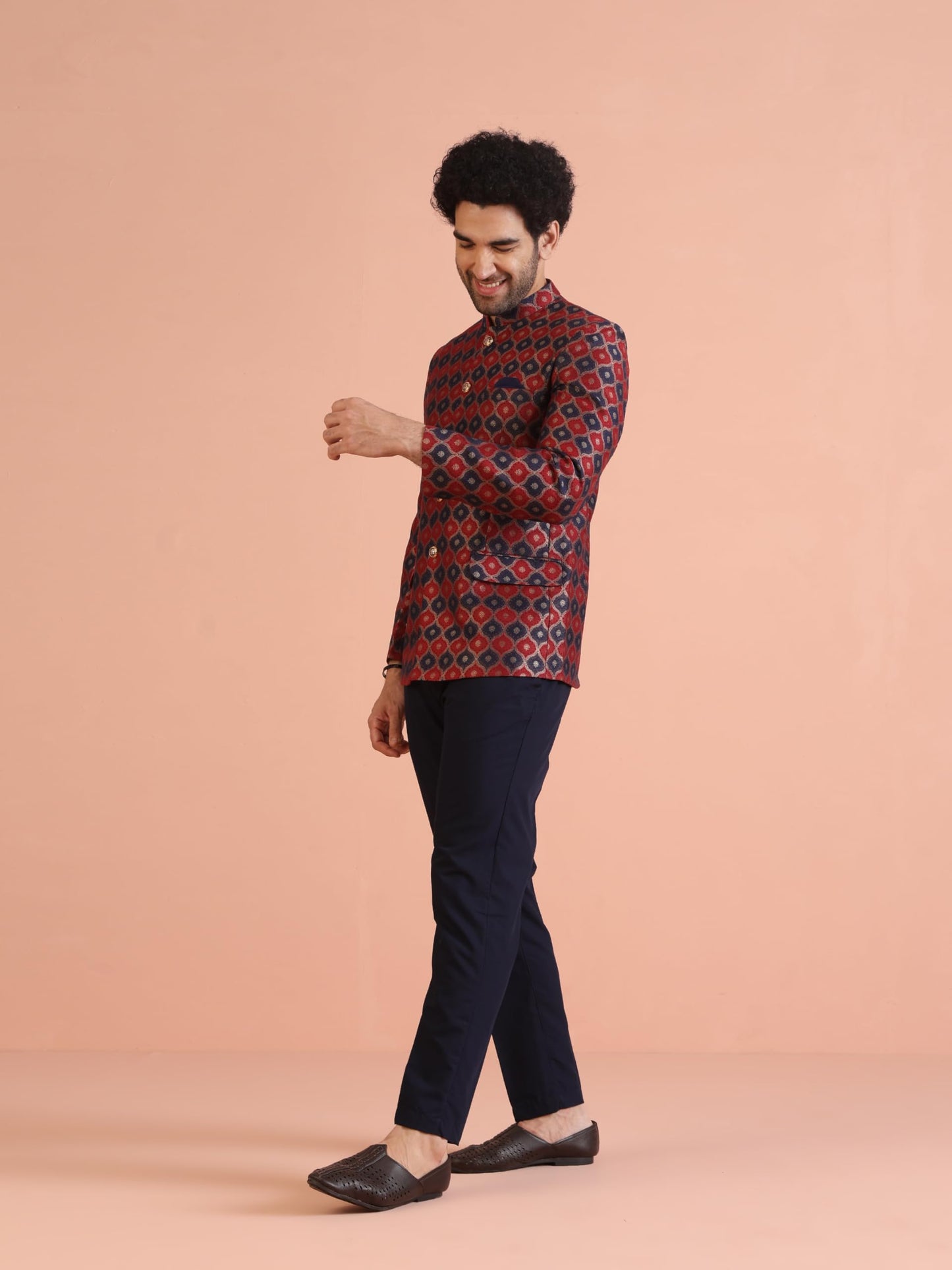 KISAH Mens Jodhpuri Bandhgala Trouser Set Silk Blend Jacquard, Ethnic Wear for Men, Maroon, 40