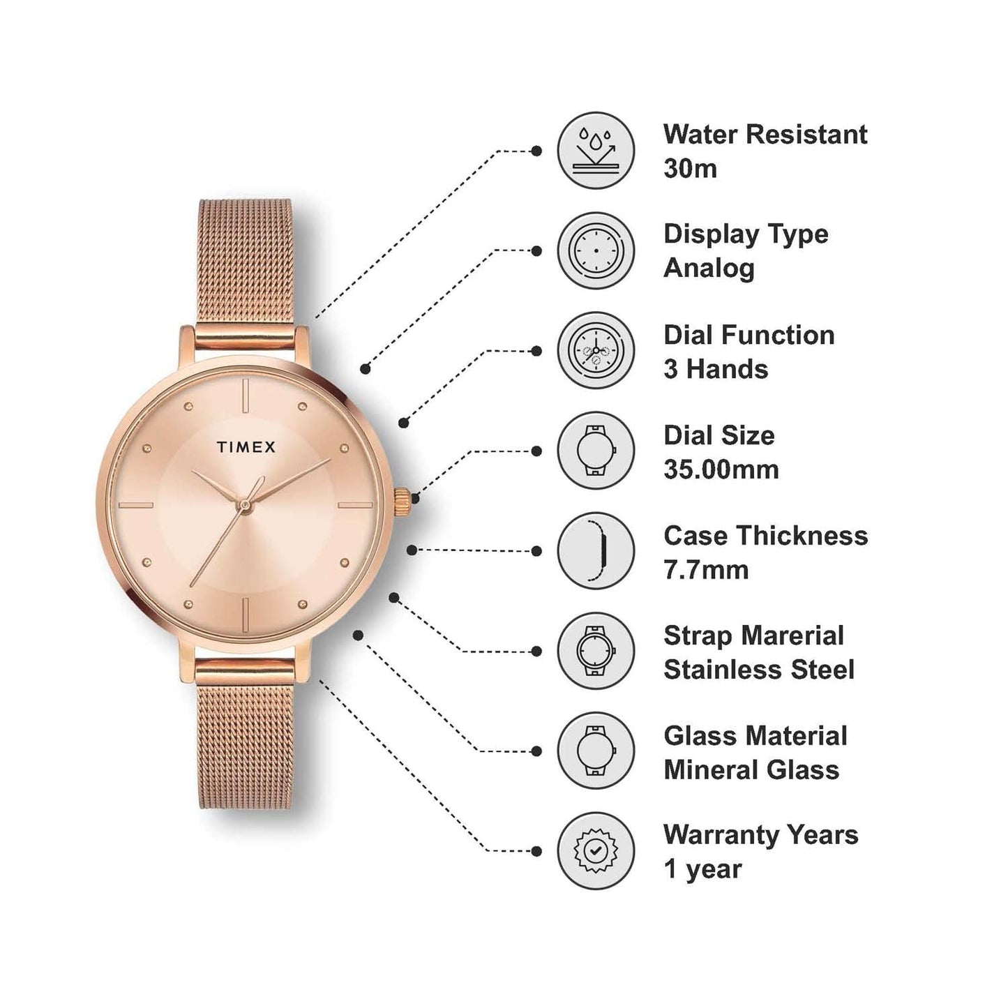 Timex Stainless Steel Analog Rose Gold Dial Women's Watch-Twel155Smu10