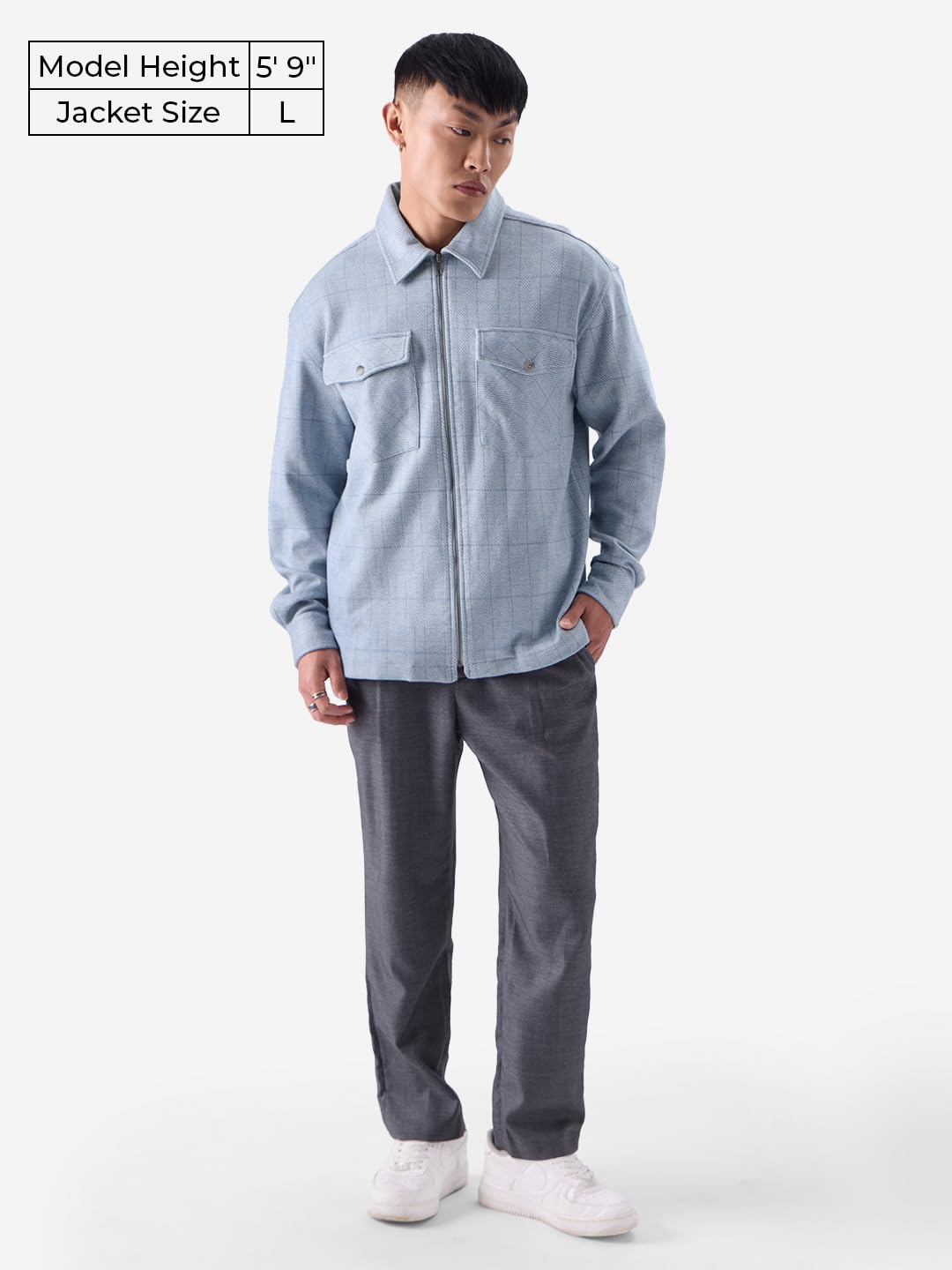 The Souled Store Blue Windowpane Men and Boys Long Sleeve Zipper Front Collared Neck Oversized Fit Shackets