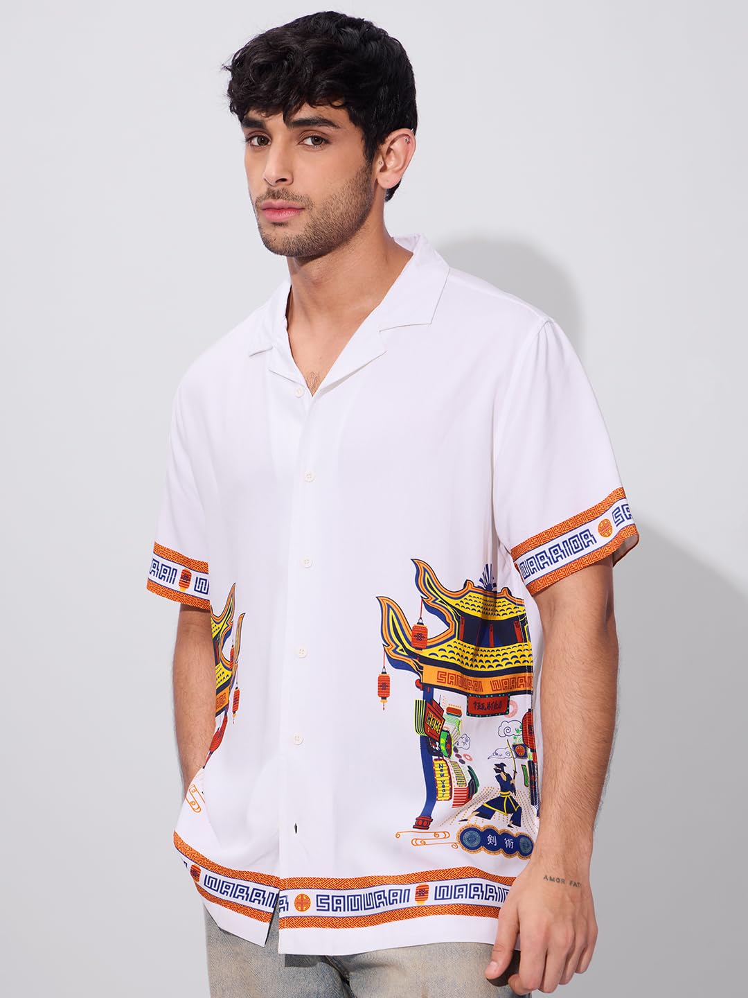 The Souled Store Samurai Men and Boys Short Sleeves Collared Neck Button Front White Graphic Printed Rayon Holiday Shirts