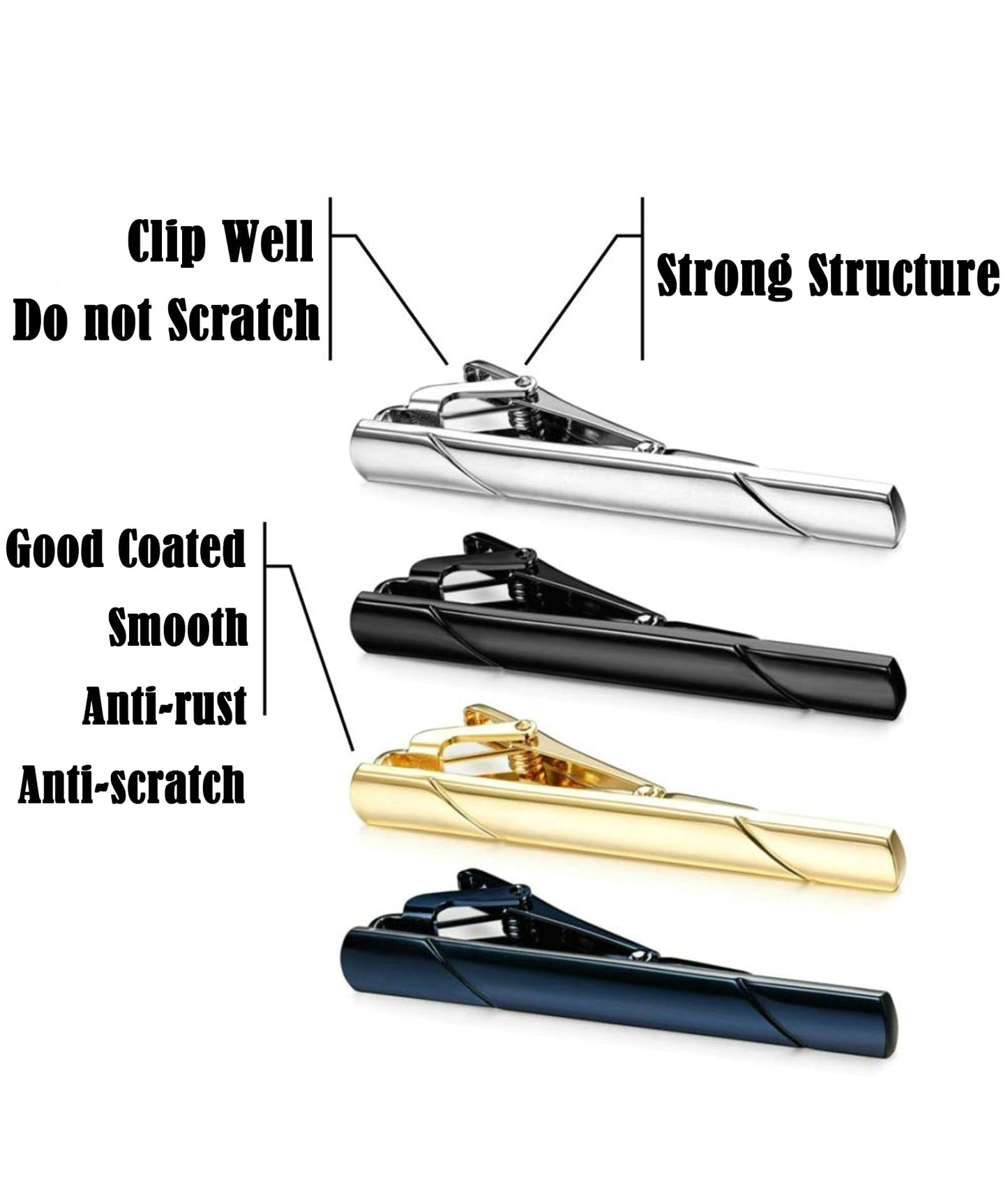 4 Pcs Tie Pin, Tie Pin for Men Formal, Tie Clip for Men Plain Twill Tie Clip High-End Fashion Business Tie Clip Suitable for Formal Suit for Men (Black Silver Gold Blue)