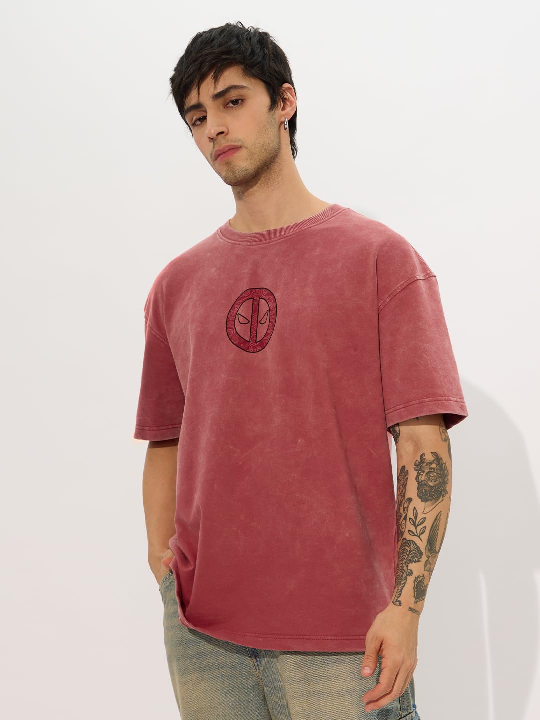 The Souled Store Official Deadpool: Anti-Hero Men and Boys Short Sleeves Round Neck Pink Graphic Printed Cotton Oversized T-Shirts