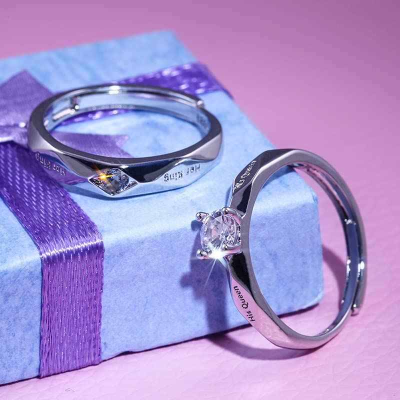 Fashion Frill Romantic Her King Her Queen Ring Crystal Silver Plated Stainless Steel Couple Ring For Women Girls Men Boys