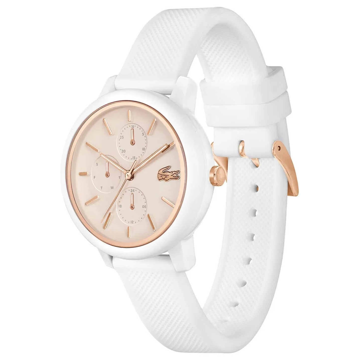 Lacoste Lacoste.12.12 Qtz Multifunction Carnation Gold Round Dial Women's Watch|White Silicone Material|White Color Band - 2001326