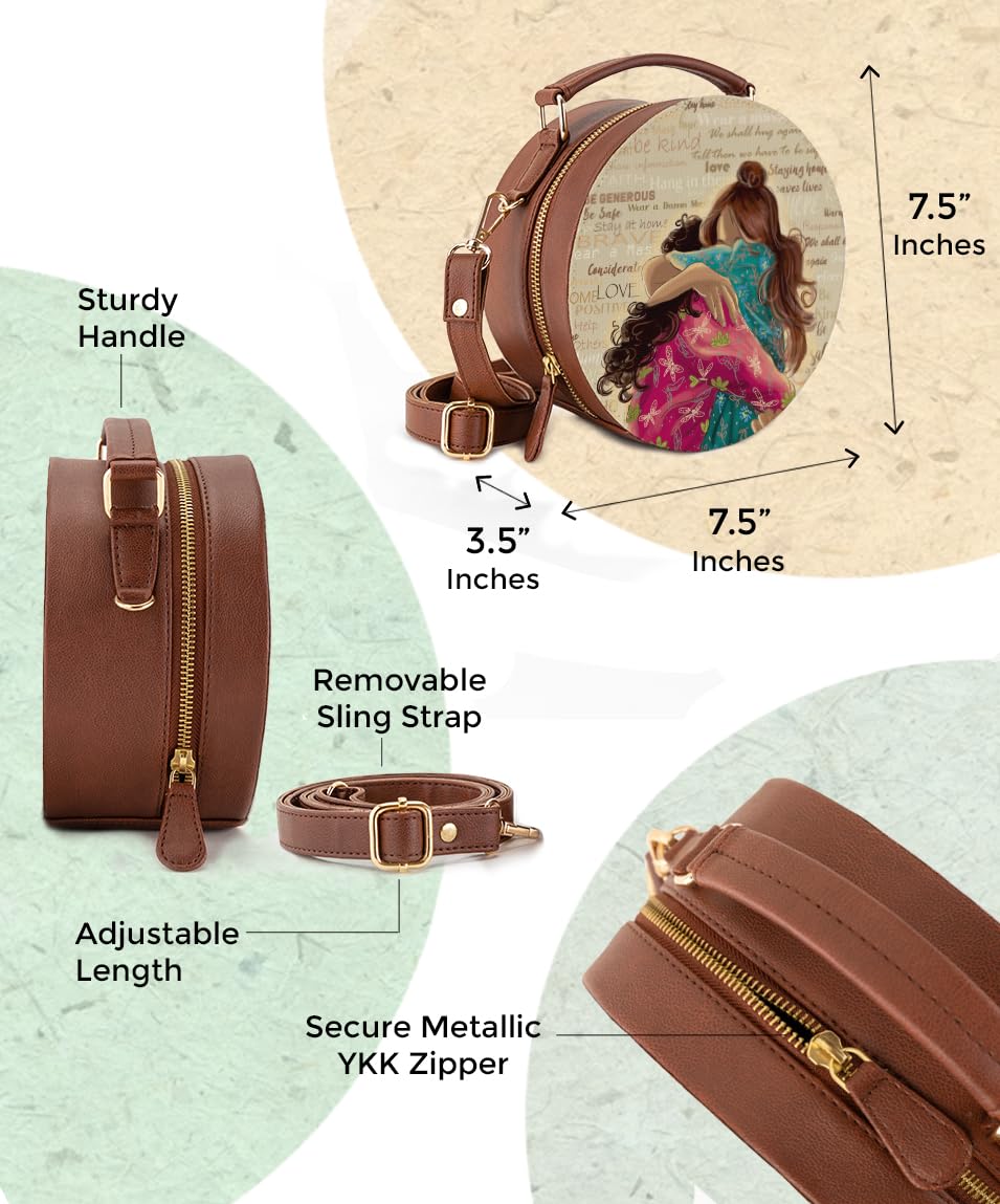 Kalankit Women Round Sling Bag | Stylish Vegan Leather Crossbody Purse | Side Bag with Strap | Rakhi Gift for Sister | Birthday Present | Travel-Friendly | Being Hug Again, Multicolor