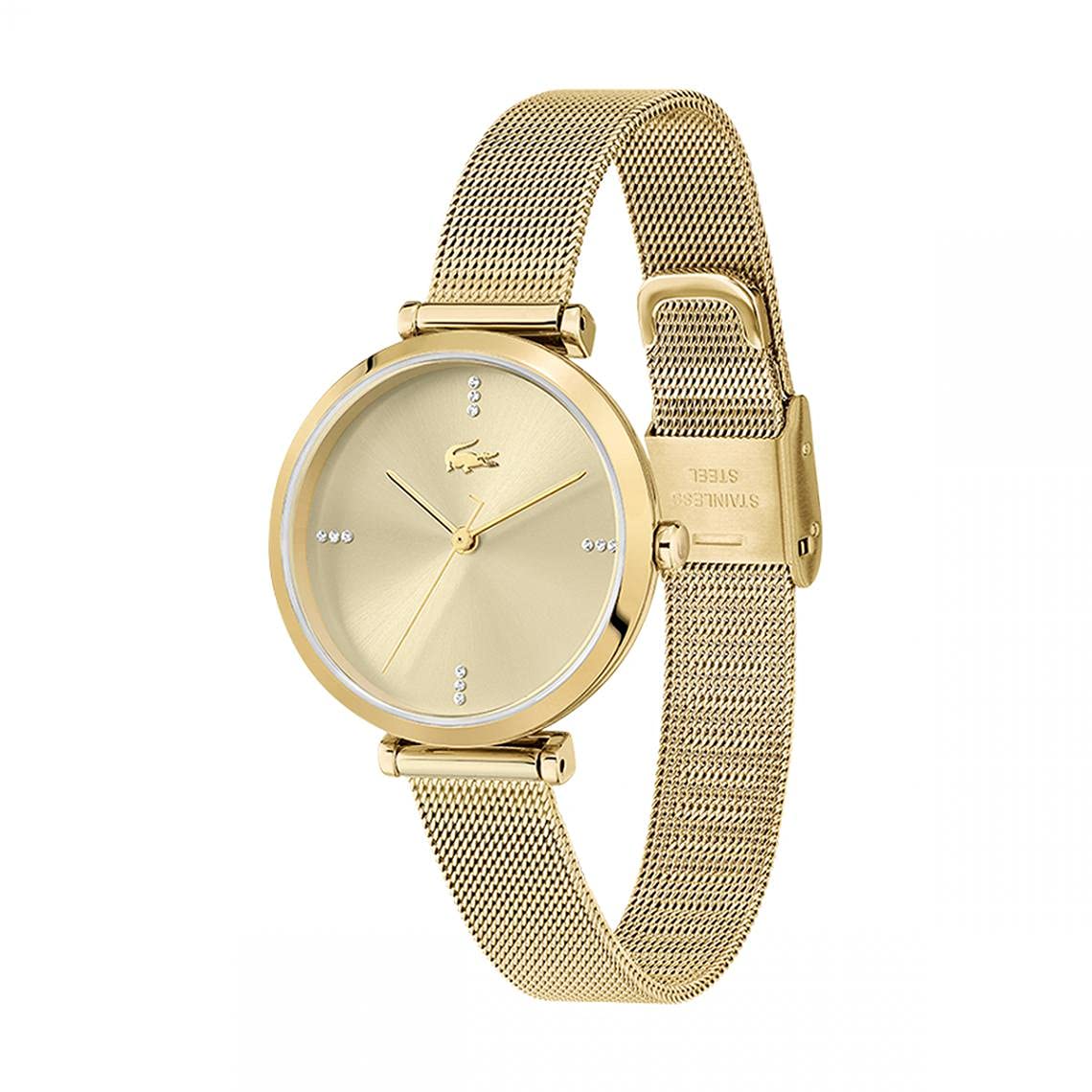 Lacoste Geneva Qtz Basic White Round Dial Women's Watch|Ionic Plated Thin Gold Steel Material|Gold Color Band - 2001166