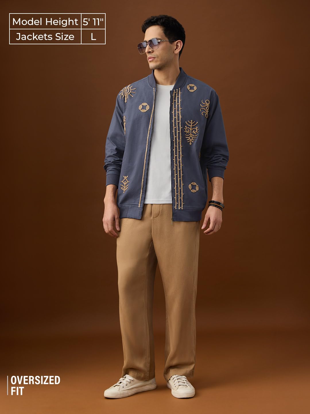 The Souled Store Linen Jacket: Blue Aztec Men and Boys Full Sleeves Mandarin Collar Navy Blue Embroidered Cotton Linen Oversized Fit Lightweight Winter Casual Linen Jacket