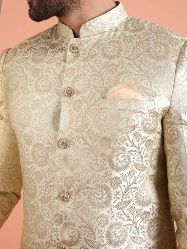 KISAH Men's Indo-Western Sherwani, Green Silk Blend, Woven Design Regular Fit Mandarin Collar Long Sleeves