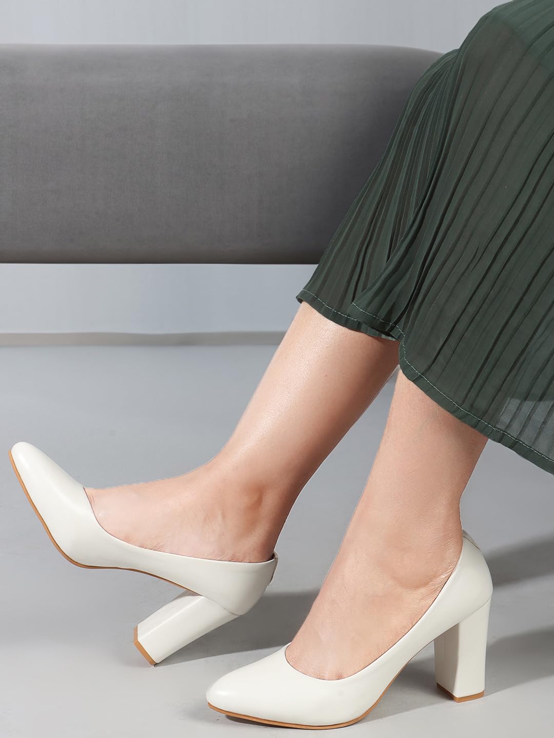 Carlton London Women White Stylish Slip-on Pump Shoes with Block Heels, Pointed Toe for Party and Formal Occasions (39)