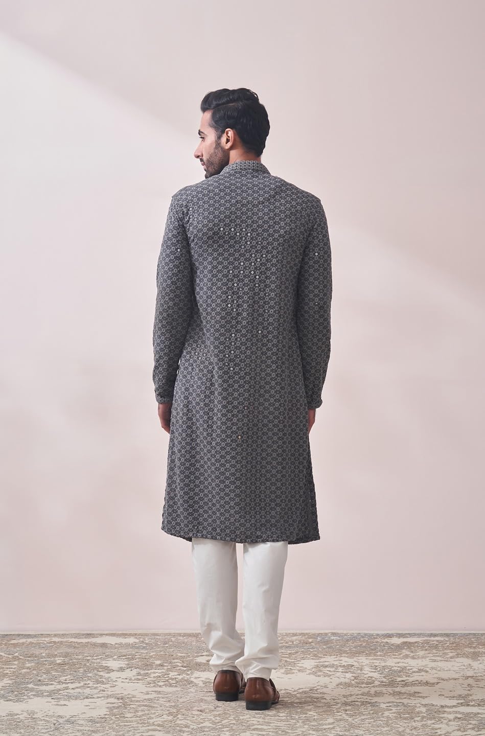 Manyavar Mens Grey Viscose Embroidered Kurtas