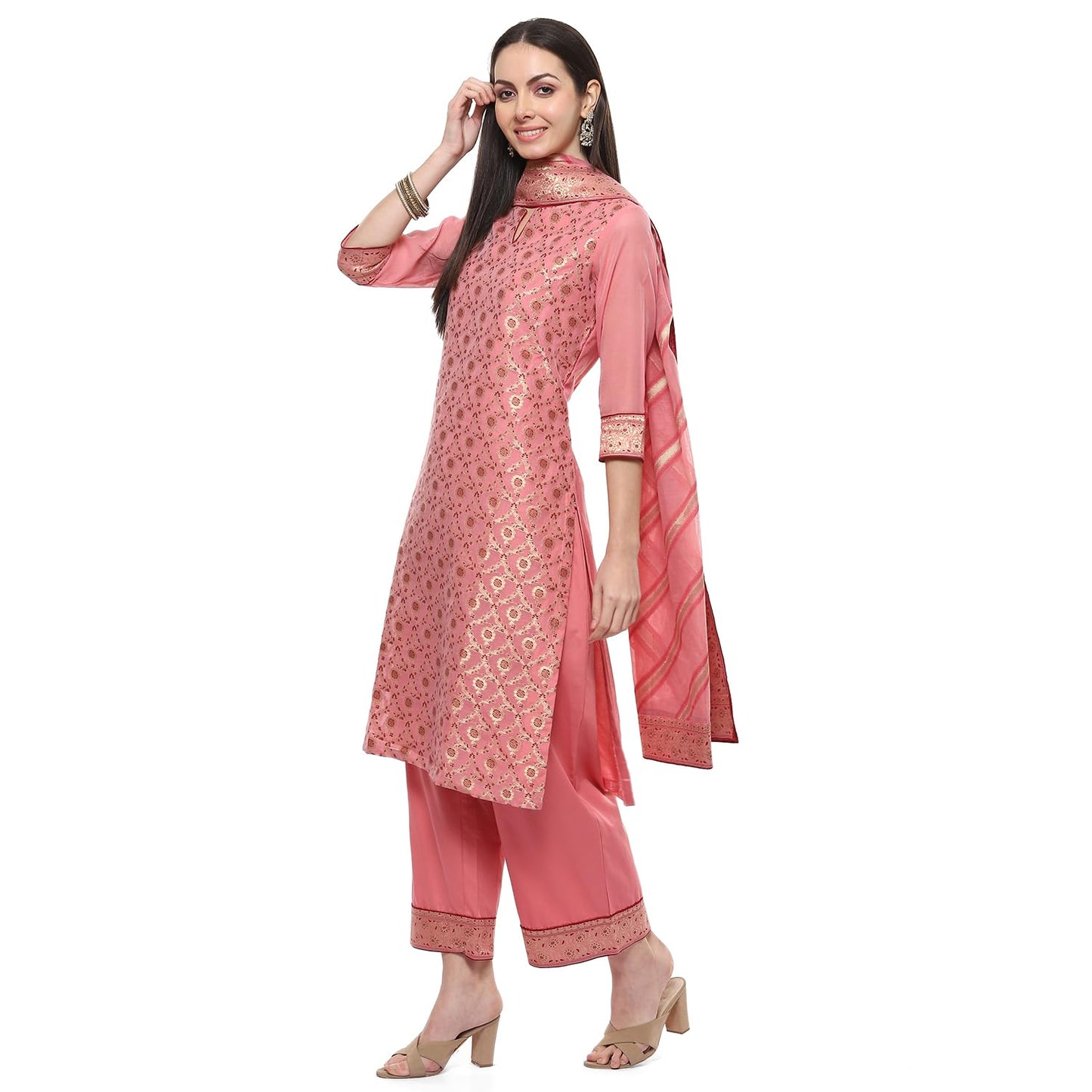 Biba WOMEN YARNDYED STRAIGHT SALWAR KURTA DUPATTA(SKDBANARASI8851_BLUSH PINK_38)