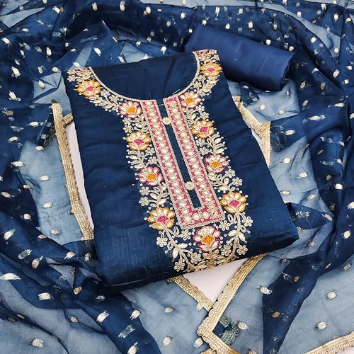 MANVAA Women'S Blue Unstitched Heavy Embroidery And Fancy Border Chanderi Cotton Dress Material (IN2052BLU)