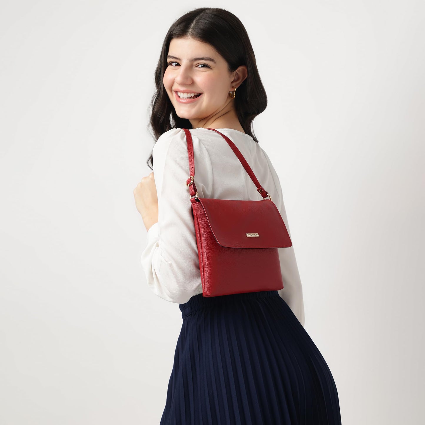 Fastrack Women's Solid Structured Sling Bag with Non-Detachable Sling Strap & Button Closure, Maroon