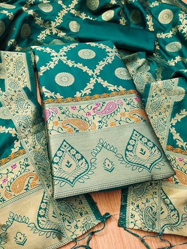 SHANTVAN GALLERY Pure Zari Silk Suit Dress Material for Woman premium banarasi dress materials for women with soft silk top bottom and dupatta unstitched set in elegant Mango design - Teal