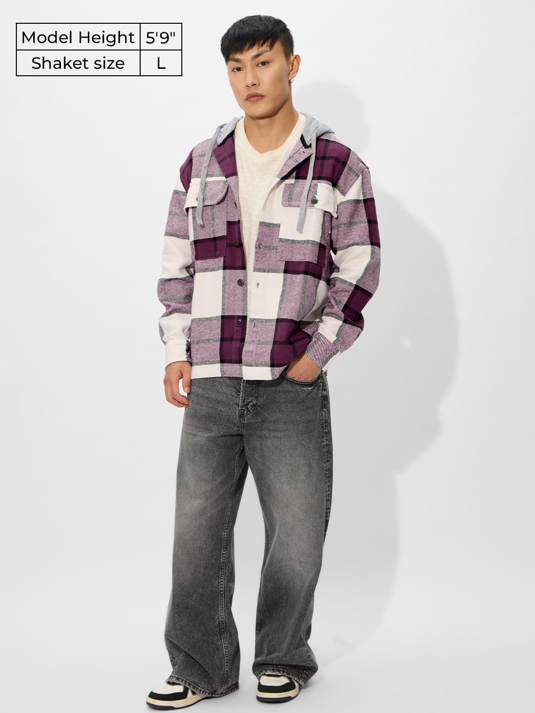 The Souled Store Plaid Hooded Shacket: Mauve Mist Men and Boys Long Sleeves Hooded Neck Button Front Cotton Oversized Shackets