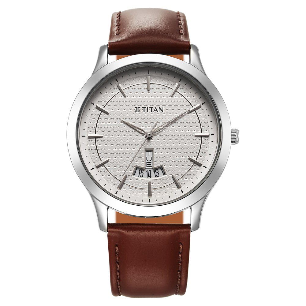 Titan Men Leather Analog White Dial Casual Watch, Band Color-Brown