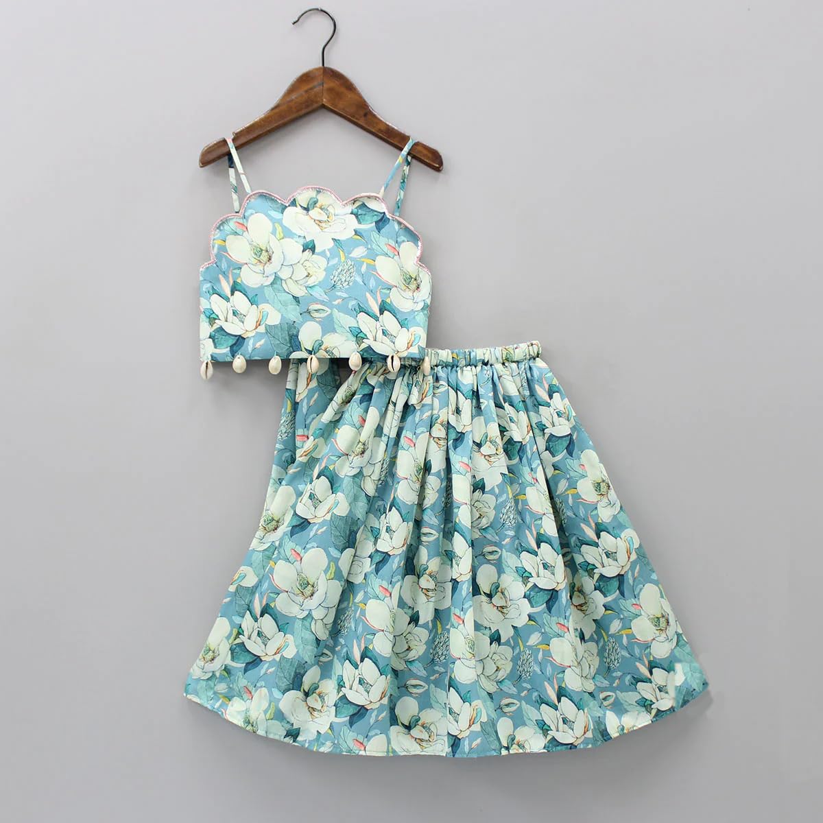 Leons Fab Girl's Floral Printed Scalloped Cut Back Tie Knot Top With Lehenga (11-12 Years, Green)