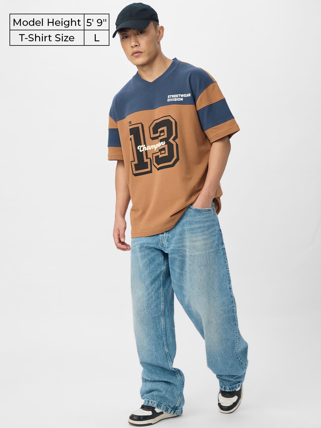 The Souled Store Colourblock: Teal Terrain Men and Boys Short Sleeves V Neck Brown and Blue Cotton Oversized T-Shirts