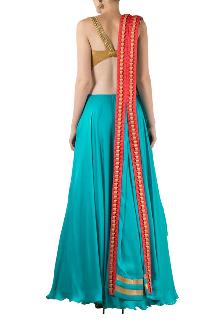 mapxencaRS Blue Satin silk skirt with fully embroidered choli & textured pink gold duppatta