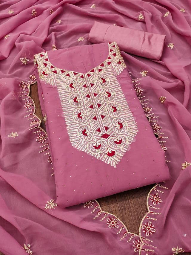 VARNI FABRICS Georgette Dress Material for Women Embroidered Unstitched Woman Salwar Suit Dress Material With Georgette Dupatta Magenta pink