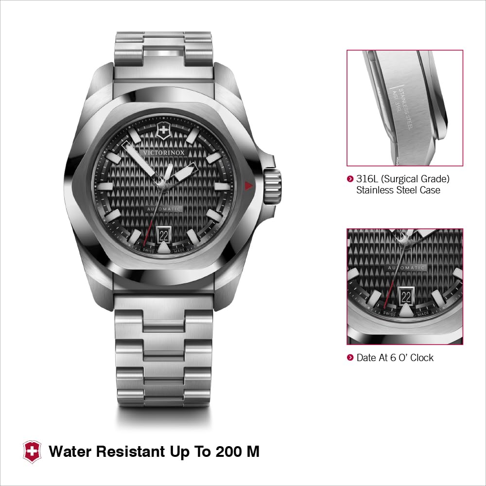 Victorinox I.N.O.X. Automatic, Swiss Made Men's Watch | Black Dial, 41 mm, 200M Water Resistant, Stainless Steel Case, Stainless Steel Strap, Sellita SW 200-1 Movement | 242019