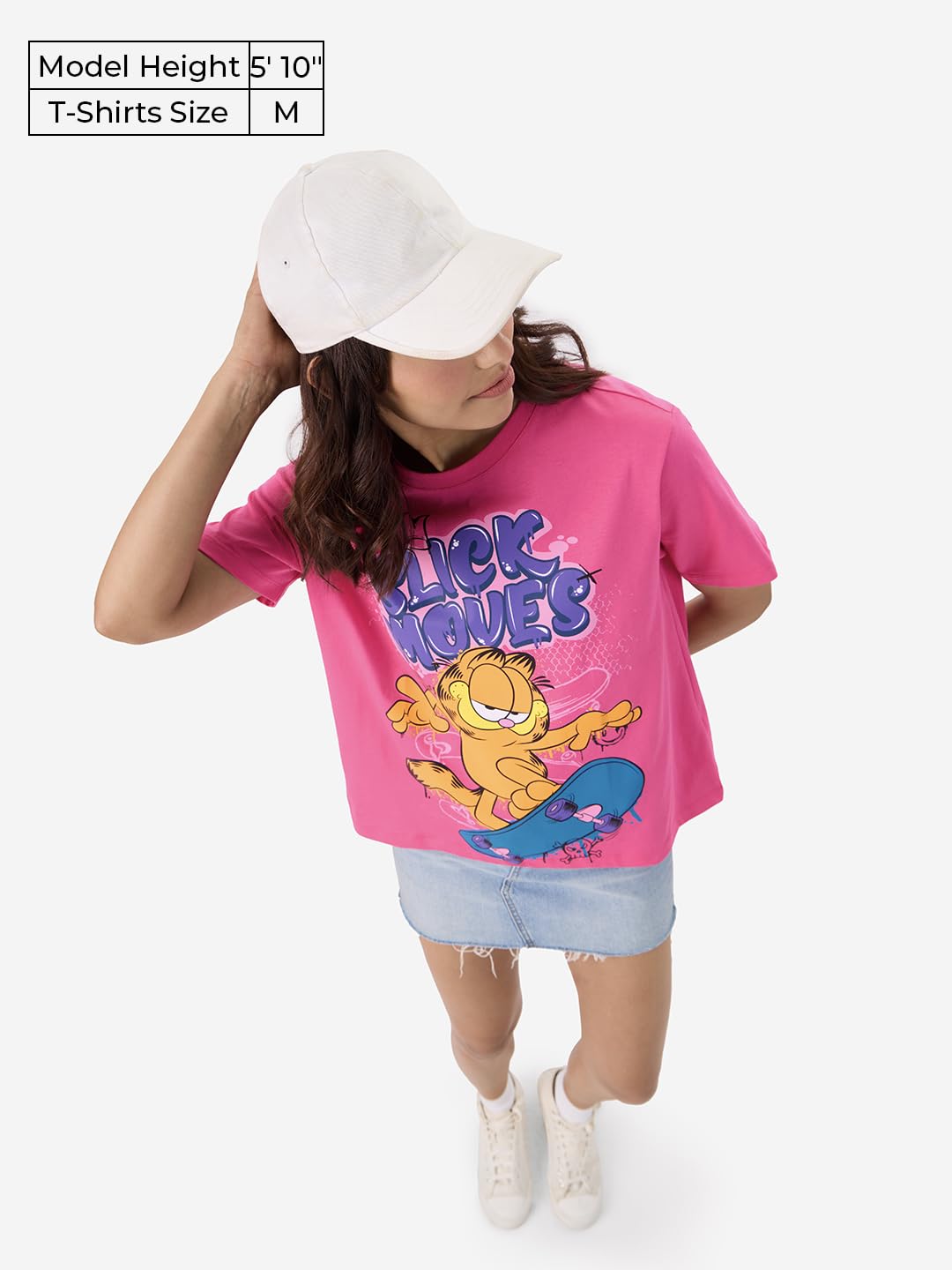 The Souled Store Official Garfield: Slick Moves Women and Girls Round Neck Short Sleeve Pink Graphic Printed Cotton Relaxed Fit T-Shirts Old Retro Cartoon 90s Animated Character Themed