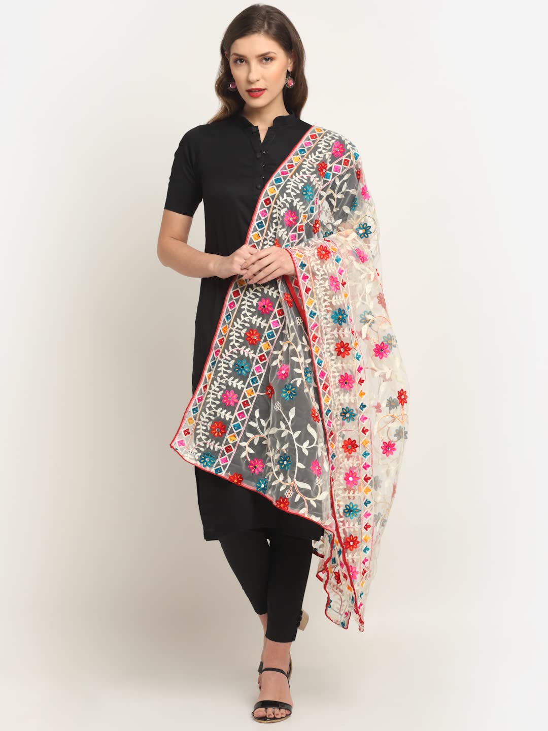 Shasmi Women's Heavy White Colour Net Embroidered Fancy phulkari work Dupatta for women (White)