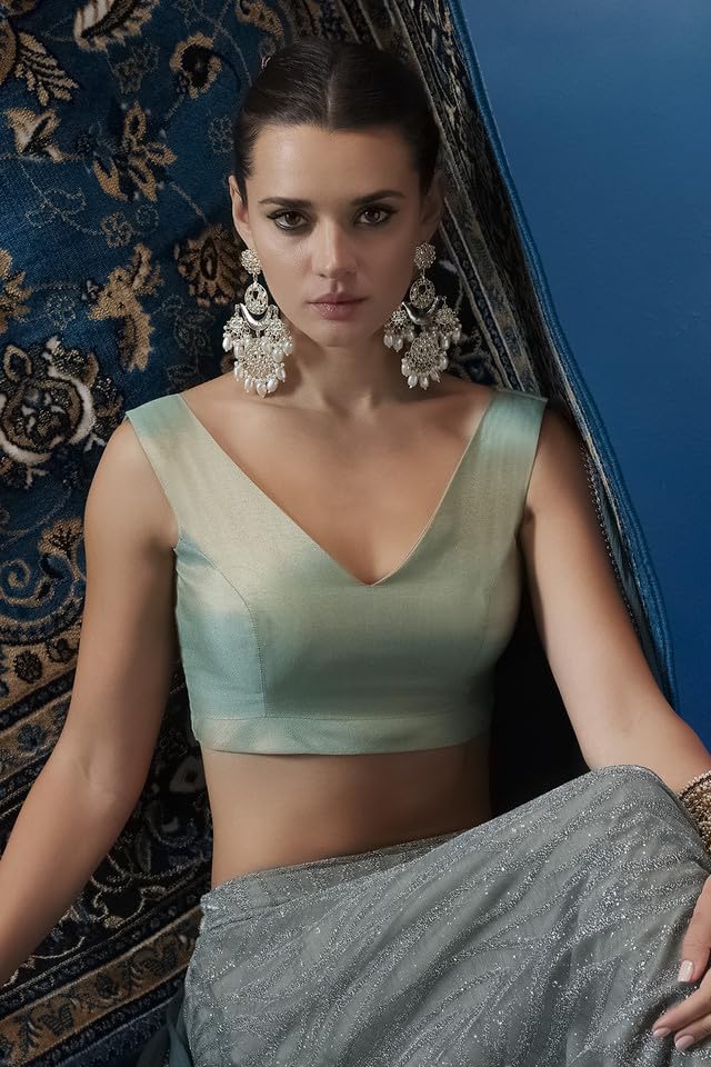 Soch Womens Sap Green Tussar V-Neck Back-Open Sleeveless Blouse